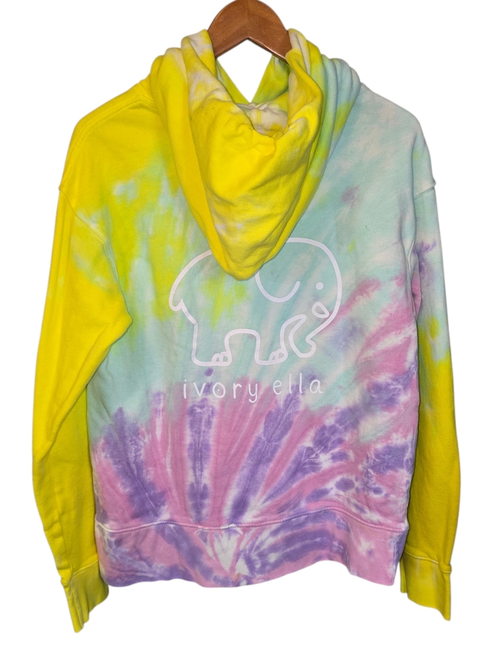 Ivory Ella Tie Dye Logo Hoodie Sweatshirt Organic Cotton Yellow Purple Blue XS